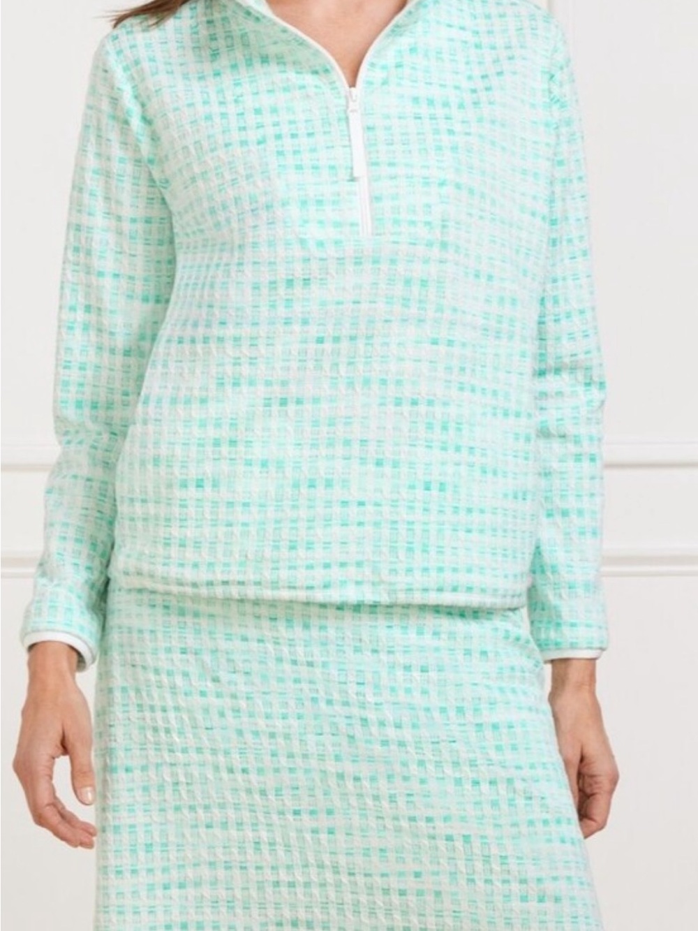 Talbots Mint Check Quarter-Zip Coverup Top